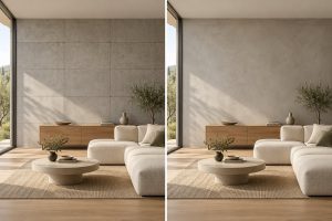 تصویرسازی مقایسه دیوار تایل بتن اکسپوز بنددار و میکروسمنت پیوسته در نشیمن