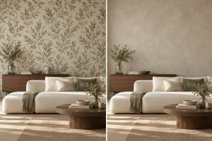 تصویرسازی مقایسه کاغذ دیواری گیاهی و دیوار میکروسمنت روشن در نشیمن